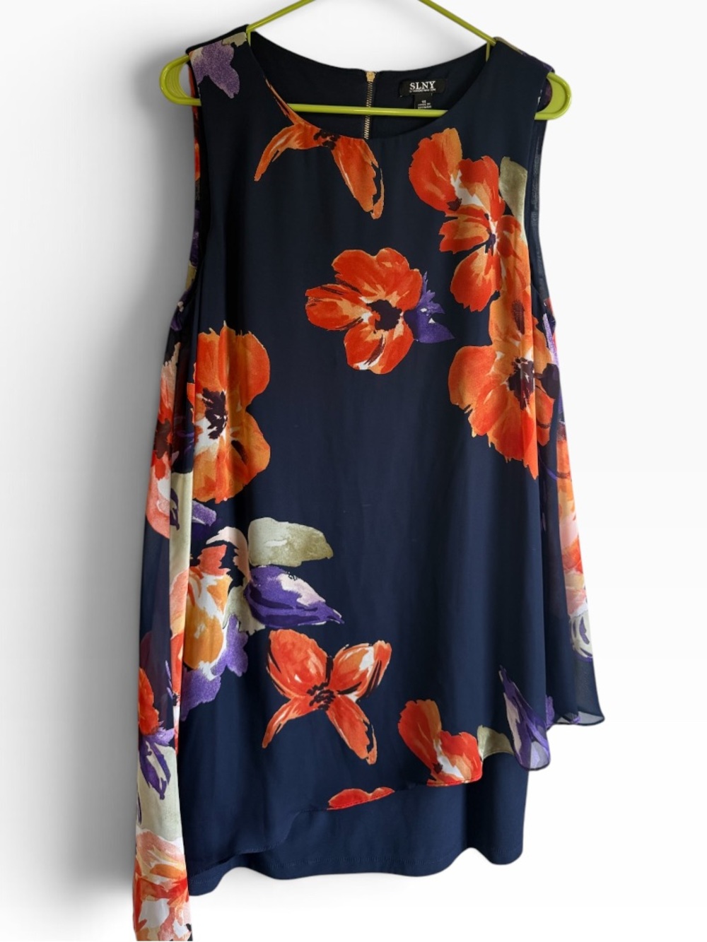 SLNY Size 16 Navy Floral Chiffon Overlay Sheath Dress Asymmetrical